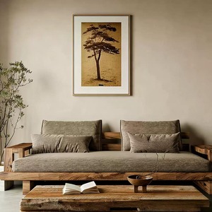 Canapé droit en bois massif Wabi Sabi personnalisé, canapé en tissu de lin minimaliste japonais vintage pour hôtel, B&B, hall, salon - Product Image 5