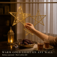 Petit ensemble d'ornements suspendus en forme d'étoile en fil de fer doré pailleté, 3 guirlandes lumineuses LED à piles AA en maille nid d'abeille, réutilisables, durables, pour mur, Ramadan, Aïd