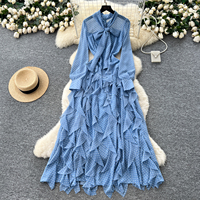 Robe mi-longue élégante pour femme, à pois, manches longues, col à nœud, ourlet irrégulier à volants, collection automne