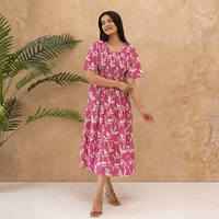 Robe midi rose à rayures et imprimé floral, col en V, manches courtes, coupe trapèze ample, décontractée, en coton tissé respirant pour l'été