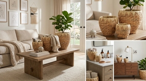 Cesta de almacenamiento redonda hecha a mano de jacinto de agua, cubierta de maceta tejida natural, maceta decorativa para interiores. - Product Image 5