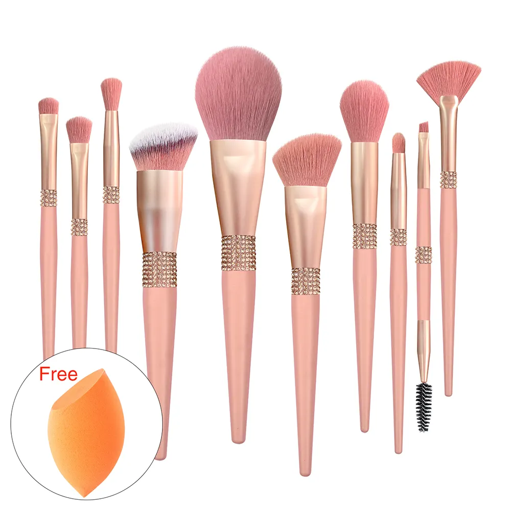 A10164 Luxury Bling Pink Cosmetic Brush 10Pc Custom Logo Glitter Tool Vegan Face Cleaning Brush Set Make Up Brushes