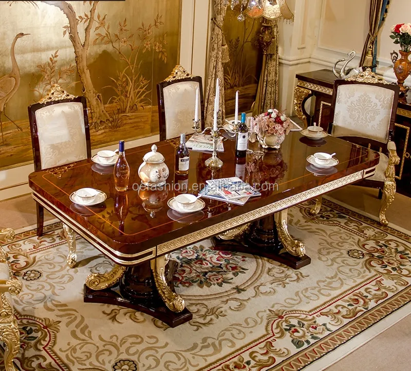 OE-FASHION personnalisé style Italien meubles de salle à manger 8 places longue table à manger en bois massif sculpté à manger table et chaise