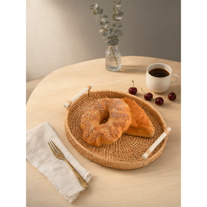 Plateau de service rond en rotin tressé avec poignées, panier de rangement pour fruits et pain, organisateur de petit-déjeuner pour la cuisine - Product Image 3