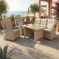 Aluminium-Rattan-Sofa-Set mit 200g Olefin-Stoffkissen Halbrunde Korbmöbel für den Garten mit Tisch aus Gehärtetem Glas