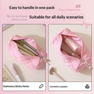 Custom Logo Heart Quilted Nylon Pencil <b>Case</b> Portable Zipper Pen Pouch <b>Makeup</b> <b>Brush</b> Cosmetic Storage Bag for Students - Product Image 4