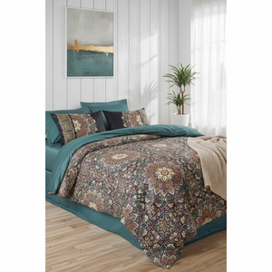 Ornate Petrol Satin Double Duvet Cover <b>Set</b> Luxury Cotton Box Floral Pattern Bedding for King and Twin Sizes Woven <b>Comforter</b> - Product Image 3