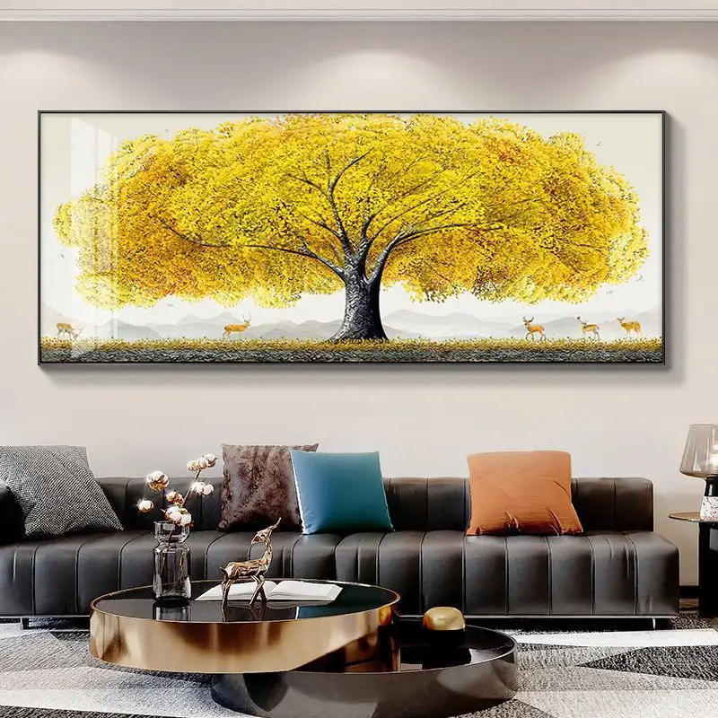ภาพวาดที่ทันสมัยศิลปะบนผนังของโรงแรมภาพต้นไม้ใบไม้สีทองตกแต่งภาพวาดสีน้ำมันบนผืนผ้าใบทิวทัศน์