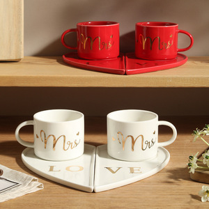 Valentine's Day Gift Couple <b>Mug</b> <b>Set</b> Heart Shaped <b>Coffee</b> Cup and Saucer Wedding Gift for Couples - Product Image 1
