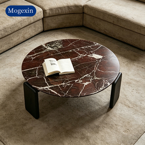 Elegant Modern Living Room Coffee Table Round Natural Marble <b>Top</b> with Wide <b>Solid</b> <b>Wood</b> Leg Center Tea Table - Product Image 2