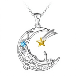 Collar con Colgante de Gato y Luna en Plata de Ley 925, Chapado en Oro, con Circonitas, Cadena de Eslabones, Regalo Moderno para Mujer - Product Image 2
