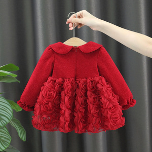 Vestito da Bambina Rosa e <span class=keywords><strong>Rosso</strong></span> a Maniche Lunghe con Fiori e Volant per Autunno Inverno 2026 - Product Image 2