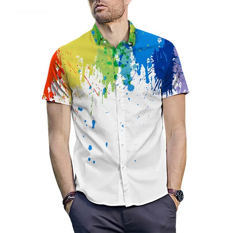 New Mens Colorful Inkjet Print Summer Short Sleeve Loose Buttons Hawaiian Casual Shirt Good Quality Men Shirts Loose Tops