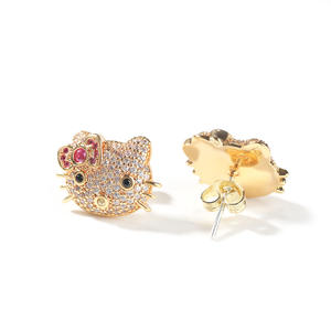 Nueva llegada Hello <span class=keywords><strong>Kitty</strong></span> chapado en oro joyería diseño Hip Hop lindo gato pendientes latón Micro pavé 5A circón moda Stud pendientes - Product Image 1