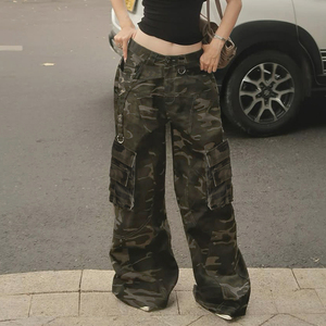 Pantalon cargo en jean vintage à imprimé camouflage pour femme, taille basse, coupe ample, style hip-hop décontracté, multi-poches - Product Image 3