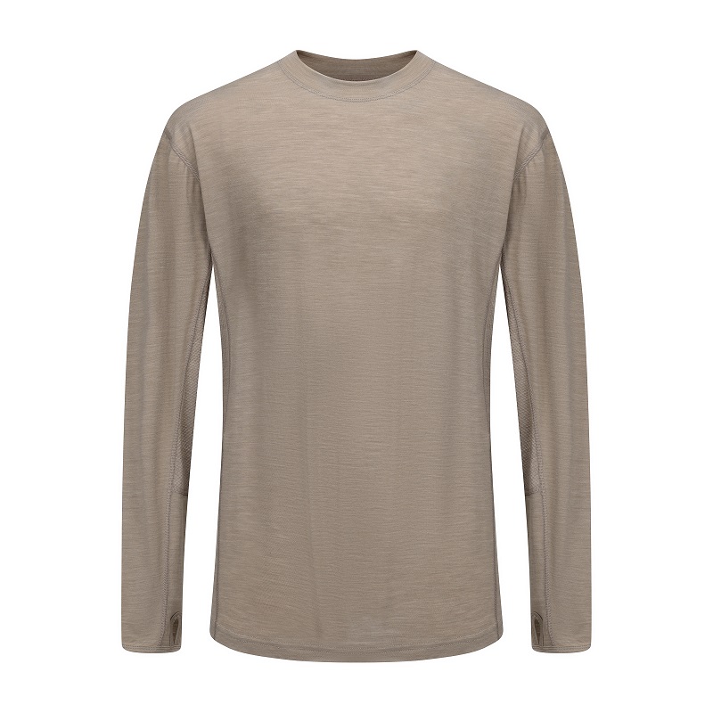 High Quality Autumn Light Brown Merino Wool Men Crew Neck Long Sleeve Base Layer Wholesale