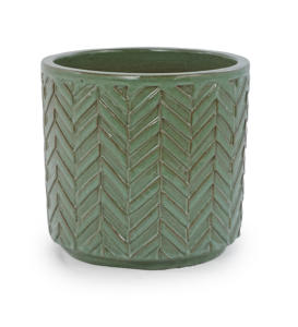 Pot de fleurs en céramique émaillée gaufrée vert clair vintage américain, texture en chevrons, trou de drainage, écologique - Product Image 6