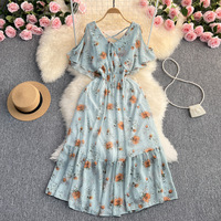 Robe en mousseline de soie florale à manches courtes et col en V pour femmes, robe d'été longue à grande balançoire, sexy, imprimé fleurs cintrées à la taille