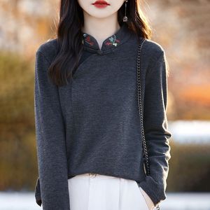Chinese Style Embroidered Stand Collar Sweater Long Sleeve Women Autumn Winter Base Layer Top Breathable Gray White Apricot - Product Image 3