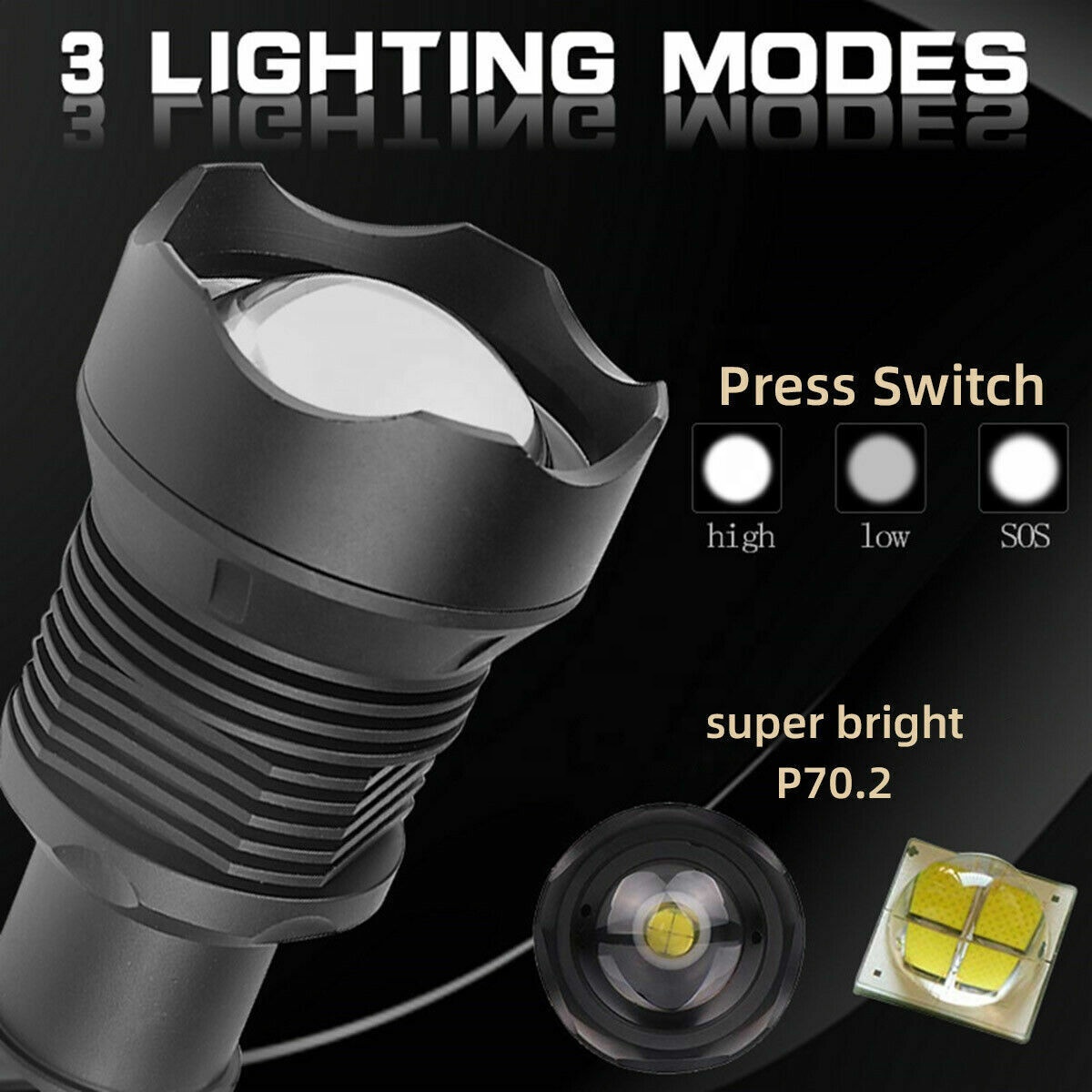 Lampe Torche Tactique LED 12 000 000 Lumens - Rechargeable USB - Noire