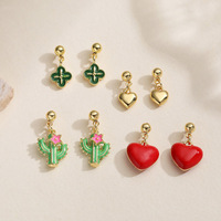 Boucles d'oreilles pour femmes en forme de cœur et de trèfle à quatre feuilles, avec effet goutte d'huile colorée, et boucles d'oreilles cactus personnalisées et originales