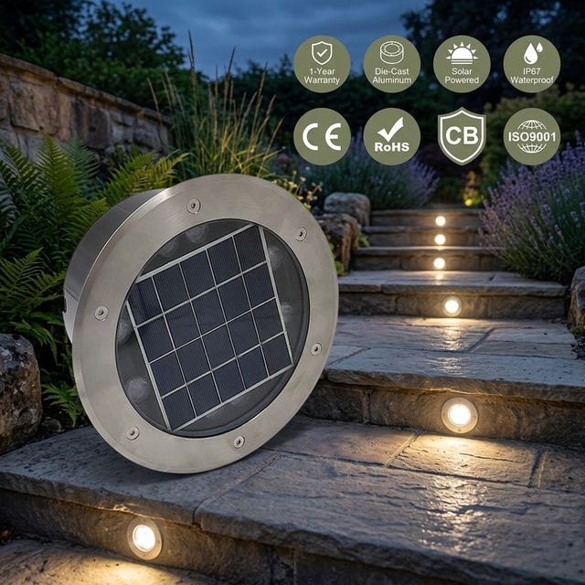 Outdoor IP67 Waterproof Ground LED Disk Lights for Pathway Garden Driveway SS Recessed Solar Powered Walkway Lights Warm White