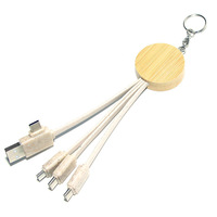 Câble de chargeur multiple en paille de blé ronde en bambou à deux entrées Usb + Type C Porte-clés avec logo personnalisé Câble de charge 4 en 1 pour cadeau promotionnel