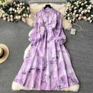 Nueva moda francés Retro impreso teñido gasa <span class=keywords><strong>Couture</strong></span> Vestido de manga larga Slim Fit Seaside Resort vestido para mujer - Product Image 5