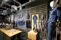 Présentoir de jeans en métal, meuble d'exposition sur pied, table de vêtements en bois