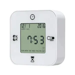 Desain baru termometer Digital pengukur kelembapan 4 in 1 jam Timer Alarm suhu ruangan OEM untuk hadiah