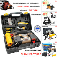 Kit d'urgence pour voiture Compresseur d'air double cylindre Pompe à pneu Gonfleur d'air automatique avec lumière LED Outil de réparation des pneus