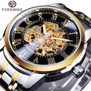 Forsining 349手动机械自动手表收卷机男士手腕男士蒸汽朋克奢侈品牌不锈钢金表