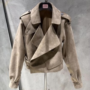 Chaqueta de Cuero de Oveja Auténtica de Lujo para Mujer, Chaqueta Corta de Gamuza con Solapa, Estilo Motero, Talla Grande - Product Image 2