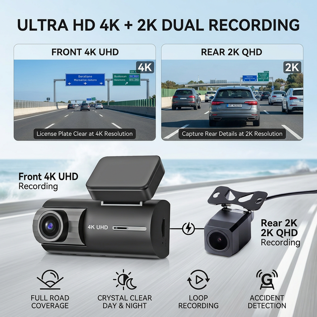 4K+2K IPS Dual Lens Dash Cam ADAS Night Vision Loop Recording G-Sensor Parking Monitor 3.16" Screen WiFi Waterproof App Control