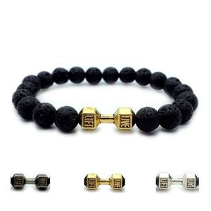Nouveau style – Bracelets perlés en pierre de lave volcanique noire givrée de 8 mm pour hommes et femmes – Bijoux de mode – Bracelet haltère - Product Image 2