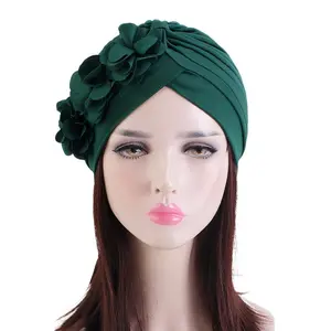 Various Colors Turban Hat Folds Watermelon Applique Three Flowers Headwear Fashion Women Indian Hat
