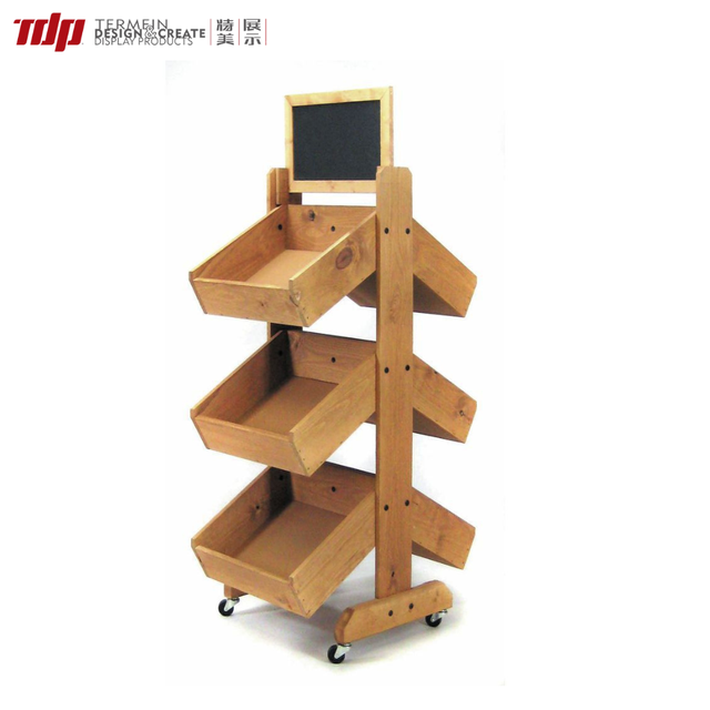 TDP Mobile Slanted Shelf Multi Tier Wooden Display Rack for Supermarket Convenience Store Snack Produce Commercial Display