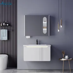 2024 Novo design moderno de madeira branco para banheiro, conjunto de armários de pia de banheiro com espelho, móveis de parede