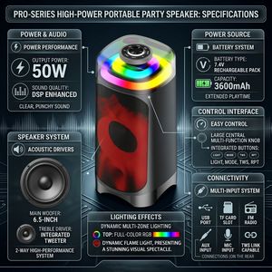 <span class=keywords><strong>Speaker</strong></span> Ganda Luar Ruangan Nirkabel Berdaya Tinggi Portabel dengan Lampu RGB 50W - Product Image 2
