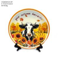 Assiette décorative en céramique imprimée motif vache 3D, personnalisable avec support de présentation assorti