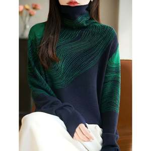 Pull à col haut et manches longues, bleu marine, taille unique, tricot pour femmes, style asiatique - Product Image 2