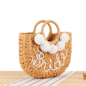 Handwoven Straw Beach Clutch Tote <b>Bag</b> for Women <b>Boho</b> Fashion Pom Pom Polyester Lining Letter Pattern for Wedding Travel Shopping - Product Image 3