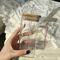 Gobelet créatif de style américain en verre coloré avec paille, poignée en bois, couvercle en bambou, anti-fuite, réutilisable, cadeau d'affaires, pour boissons glacées