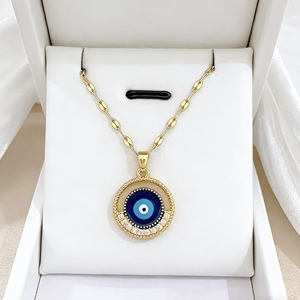 Kadınlar için Mavi Madalyon Kolye Altın Kaplama Zirkon Madeni Para Kolye Ucu Göz Şekli Budizm Yıldönümü - Product Image 3