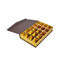 Boîte à chocolat de luxe en papier rigide noir mat avec couvercle magnétique à rabat, fenêtre transparente ovale, logo simple en relief