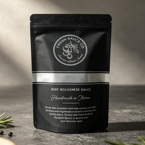 Bolsa de Embalaje Personalizada con Logotipo, Negra Mate, con Cierre Hermético, Resistente a la Humedad, para 500g de Salsas y Condimentos - Product Image 1