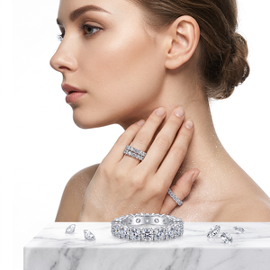 RunQi S925 Argent Sterling Plaqué Rhodium Minimaliste Éclatant Moissanite Taille Brillant Sertissage à Griffes Bagues Éternité Femme - Product Image 4