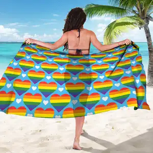 Sarong With Lowest Price LGBT Pride Rainbow Heart Pattern Print Beach Sarong Cheap Wholesale Travel Vacation Bikini Pareo 2024