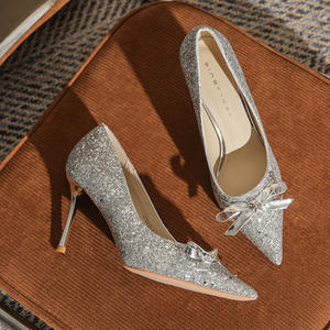 Zapatos de Tacón Alto para Mujer, con Lentejuelas Brillantes, con Nudo de Mariposa, para Oficina, Fiesta, Boda, con Punta en Pico, Elegantes y Finos - Product Image 1