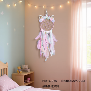 Attrape-rêves licorne en plumes roses, décoration murale pour chambre d'enfant, 20x70cm, style bohème, design circulaire fait à la main - Product Image 5